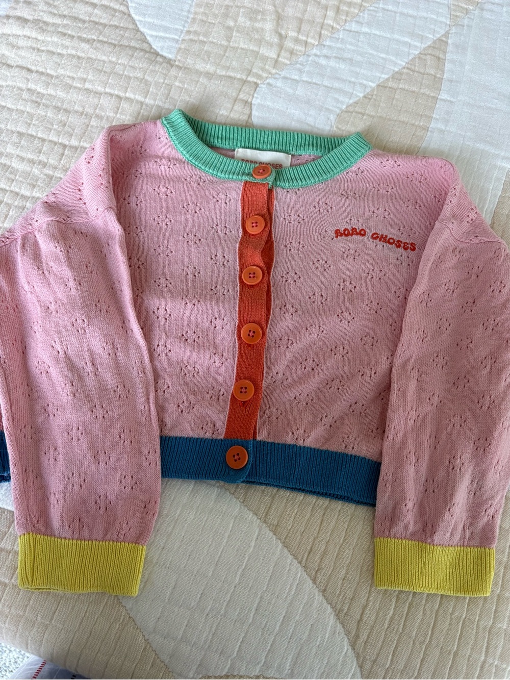 Bobo Choses Pink Knit Cardigan with Multicolor Trim